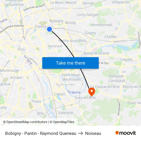 Bobigny - Pantin - Raymond Queneau to Noiseau map