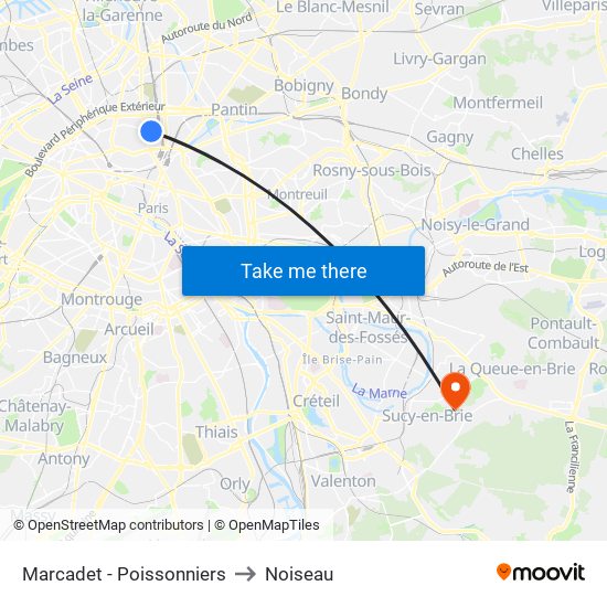 Marcadet - Poissonniers to Noiseau map