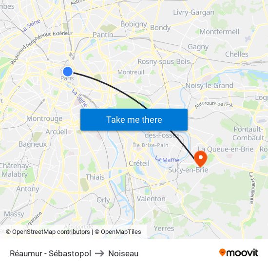 Réaumur - Sébastopol to Noiseau map