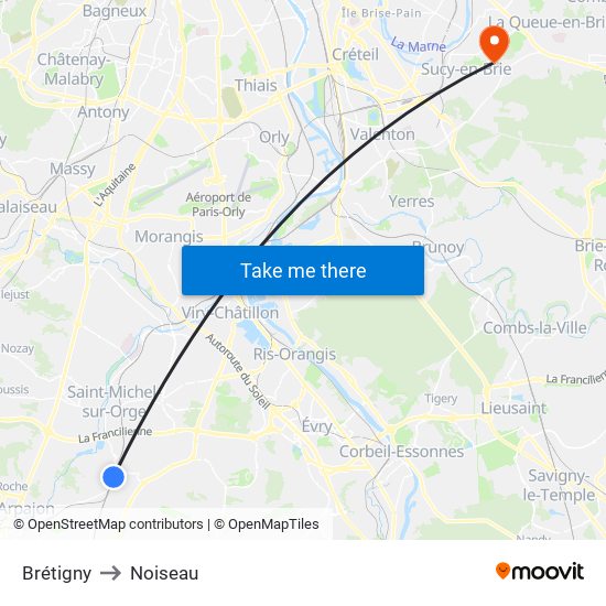 Brétigny to Noiseau map
