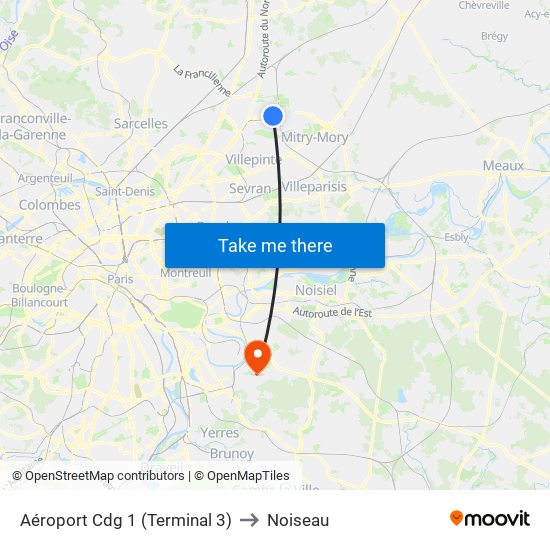 Aéroport Cdg 1 (Terminal 3) to Noiseau map