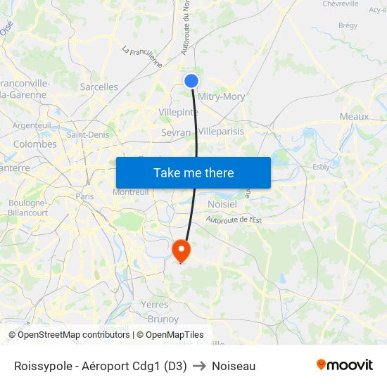 Roissypole - Aéroport Cdg1 (D3) to Noiseau map