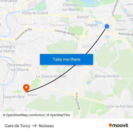 Gare de Torcy to Noiseau map