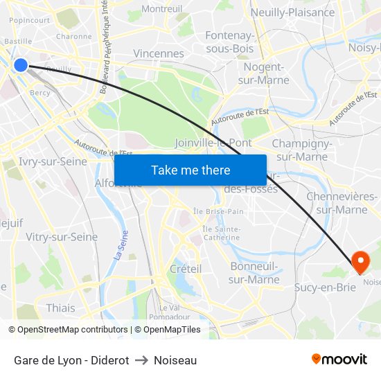 Gare de Lyon - Diderot to Noiseau map