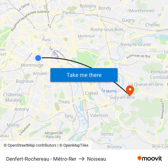 Denfert-Rochereau - Métro-Rer to Noiseau map