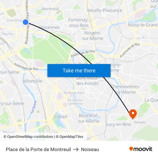 Place de la Porte de Montreuil to Noiseau map