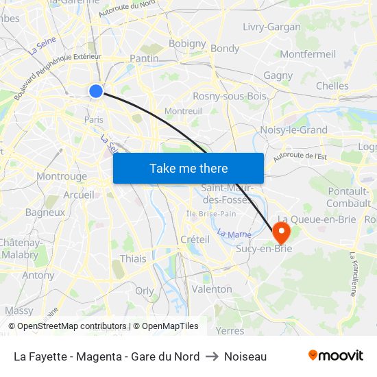 La Fayette - Magenta - Gare du Nord to Noiseau map