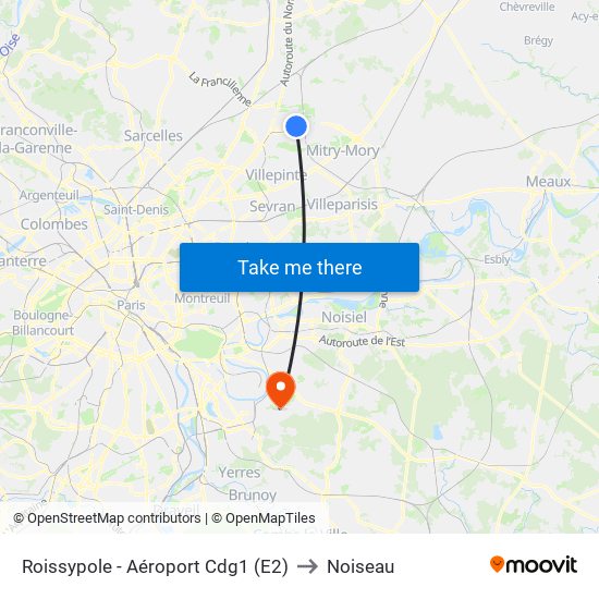 Roissypole - Aéroport Cdg1 (E2) to Noiseau map