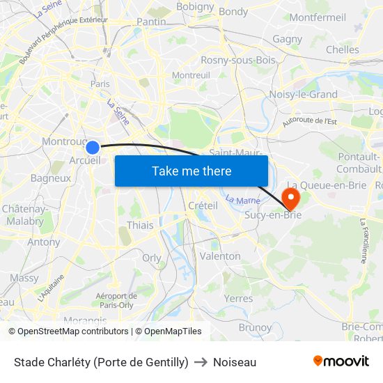 Stade Charléty (Porte de Gentilly) to Noiseau map