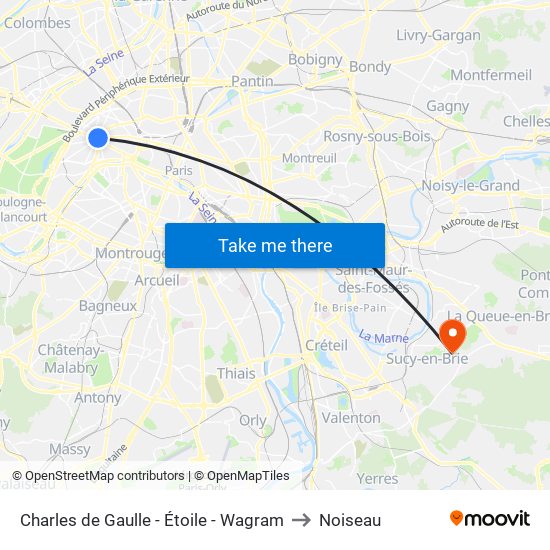 Charles de Gaulle - Étoile - Wagram to Noiseau map