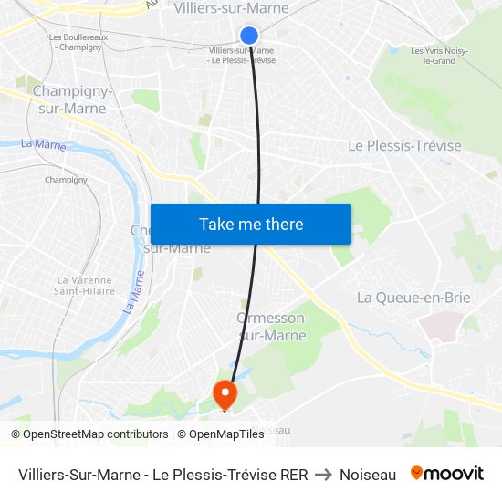 Villiers-Sur-Marne - Le Plessis-Trévise RER to Noiseau map
