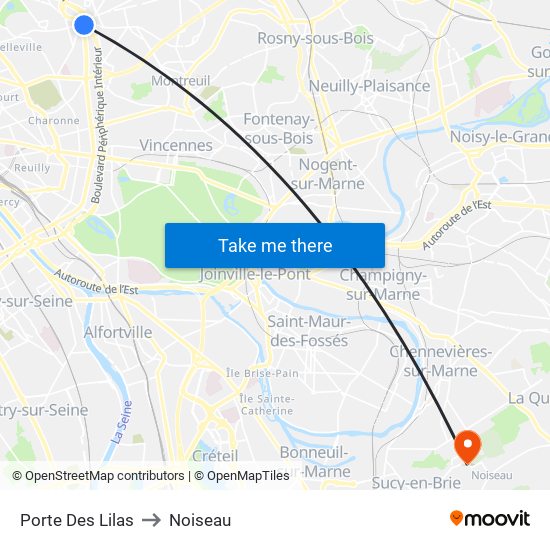 Porte Des Lilas to Noiseau map