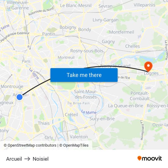 Arcueil to Noisiel map
