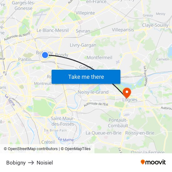 Bobigny to Noisiel map