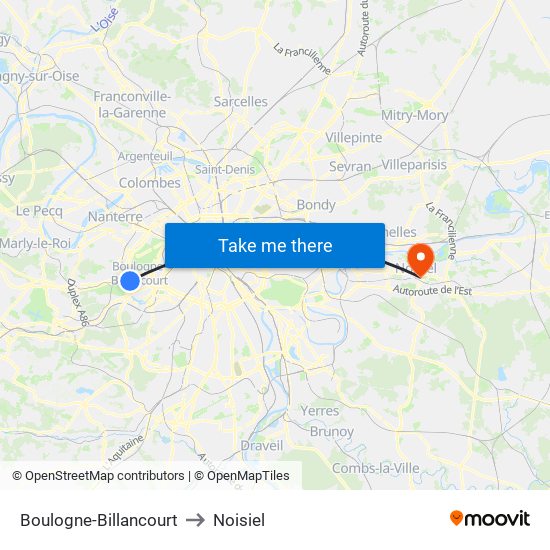 Boulogne-Billancourt to Noisiel map