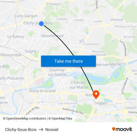 Clichy-Sous-Bois to Noisiel map