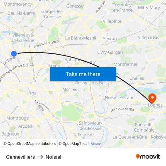 Gennevilliers to Noisiel map