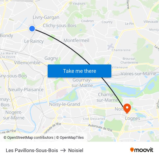 Les Pavillons-Sous-Bois to Noisiel map