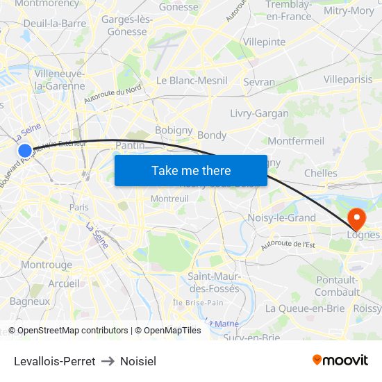 Levallois-Perret to Noisiel map