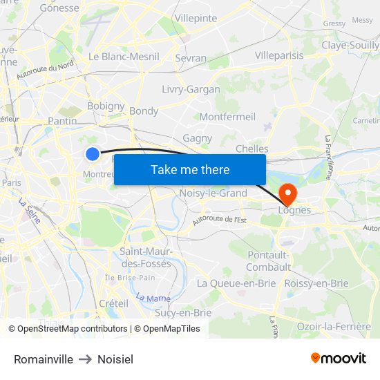 Romainville to Noisiel map