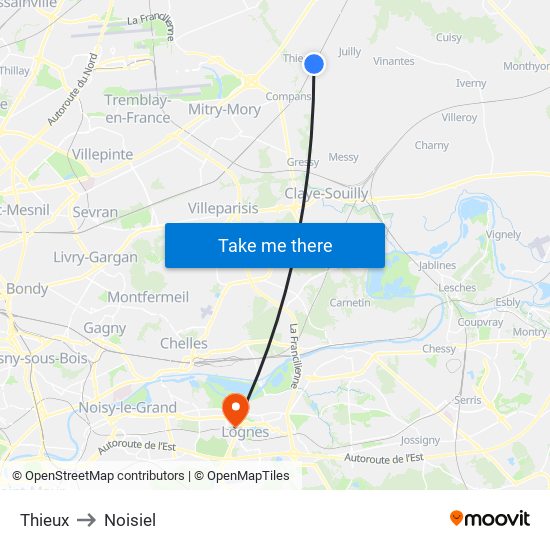 Thieux to Noisiel map