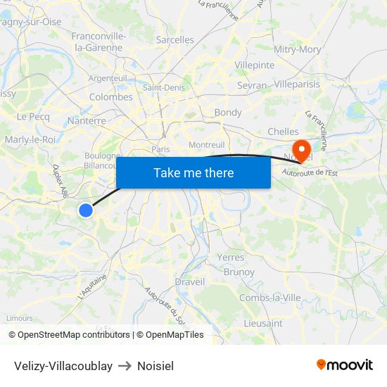 Velizy-Villacoublay to Noisiel map
