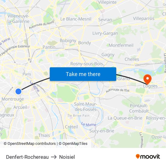 Denfert-Rochereau to Noisiel map