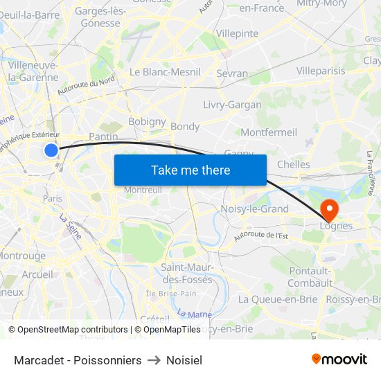 Marcadet - Poissonniers to Noisiel map