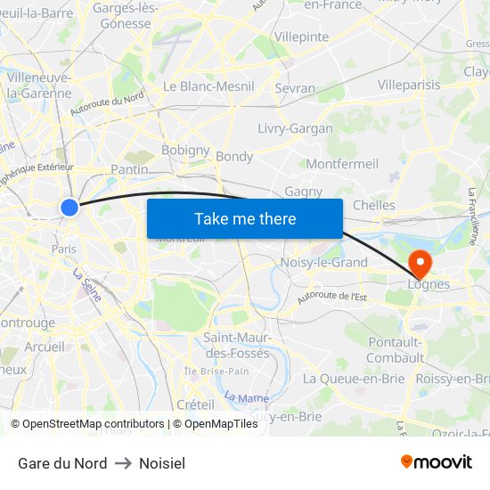Gare du Nord to Noisiel map