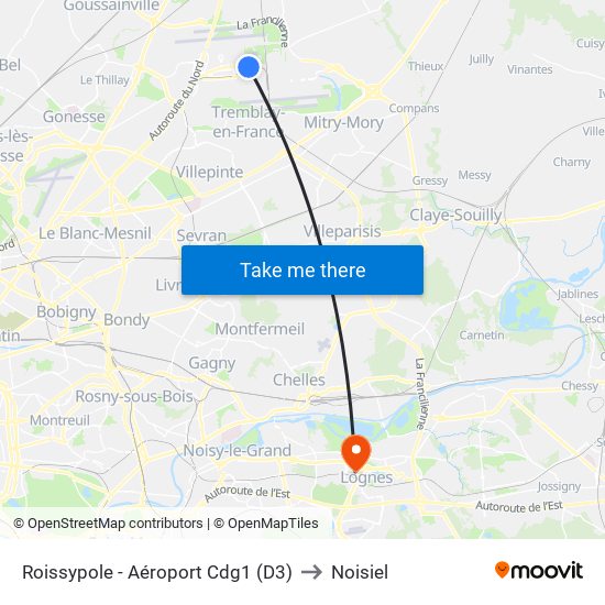 Roissypole - Aéroport Cdg1 (D3) to Noisiel map