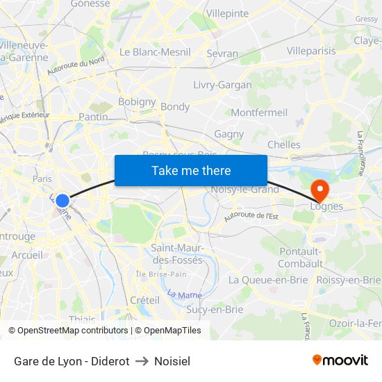 Gare de Lyon - Diderot to Noisiel map