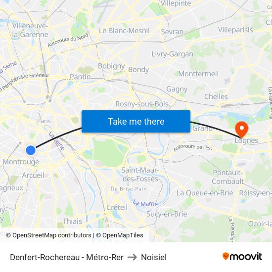 Denfert-Rochereau - Métro-Rer to Noisiel map