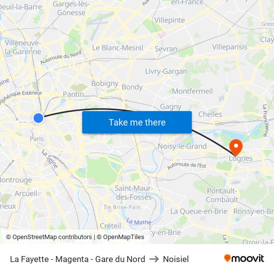 La Fayette - Magenta - Gare du Nord to Noisiel map