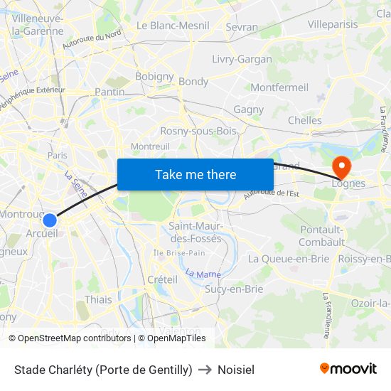 Stade Charléty (Porte de Gentilly) to Noisiel map