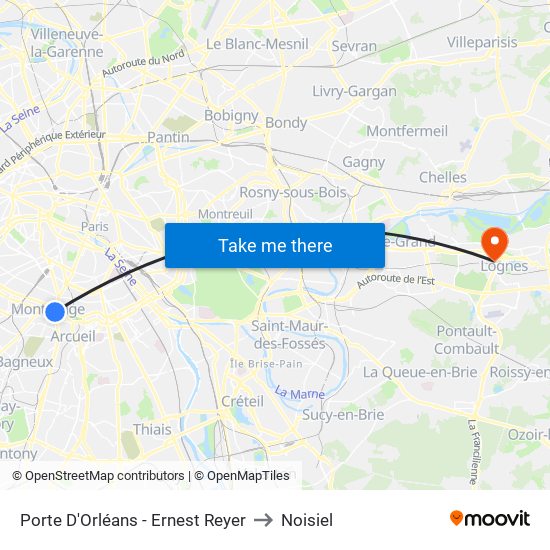 Porte D'Orléans - Ernest Reyer to Noisiel map