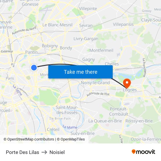 Porte Des Lilas to Noisiel map