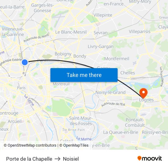 Porte de la Chapelle to Noisiel map