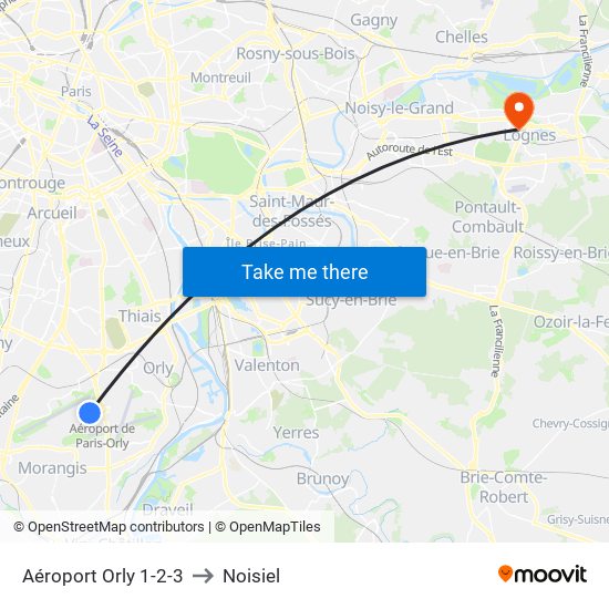 Aéroport Orly 1-2-3 to Noisiel map