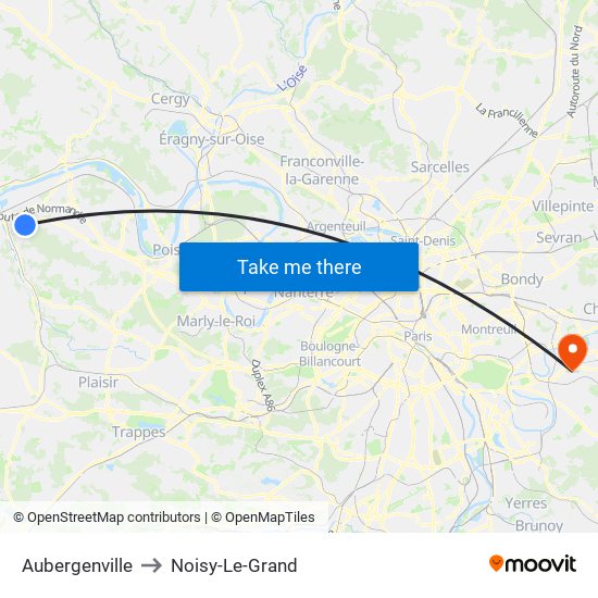 Aubergenville to Noisy-Le-Grand map