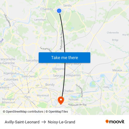 Avilly-Saint-Leonard to Noisy-Le-Grand map