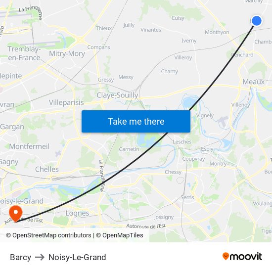Barcy to Noisy-Le-Grand map