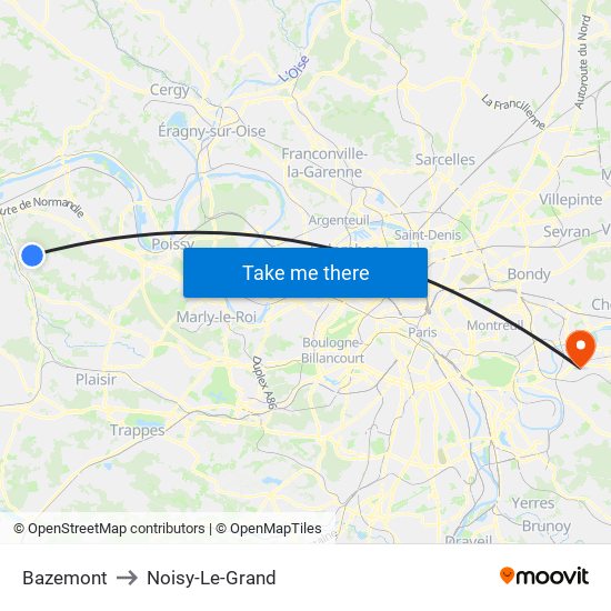 Bazemont to Noisy-Le-Grand map