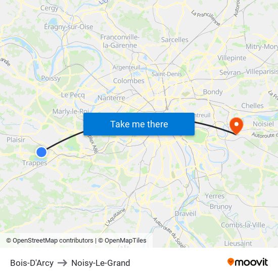 Bois-D'Arcy to Noisy-Le-Grand map