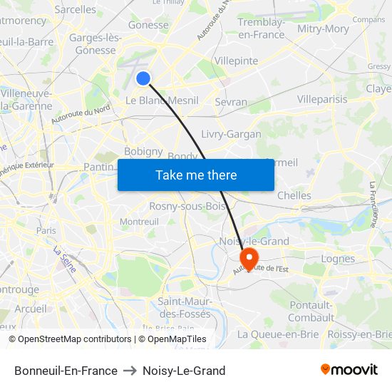 Bonneuil-En-France to Noisy-Le-Grand map