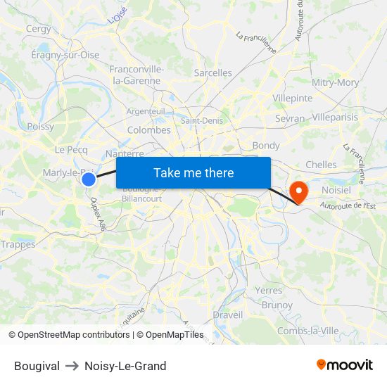Bougival to Noisy-Le-Grand map