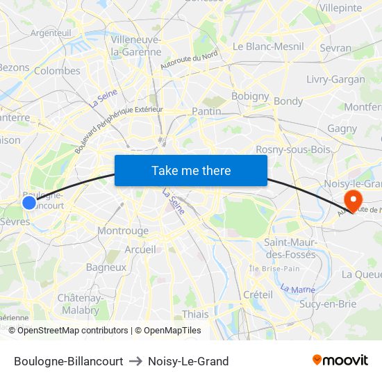 Boulogne-Billancourt to Noisy-Le-Grand map