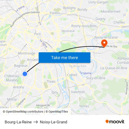 Bourg-La-Reine to Noisy-Le-Grand map