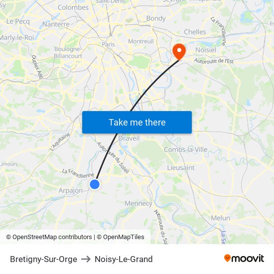 Bretigny-Sur-Orge to Noisy-Le-Grand map