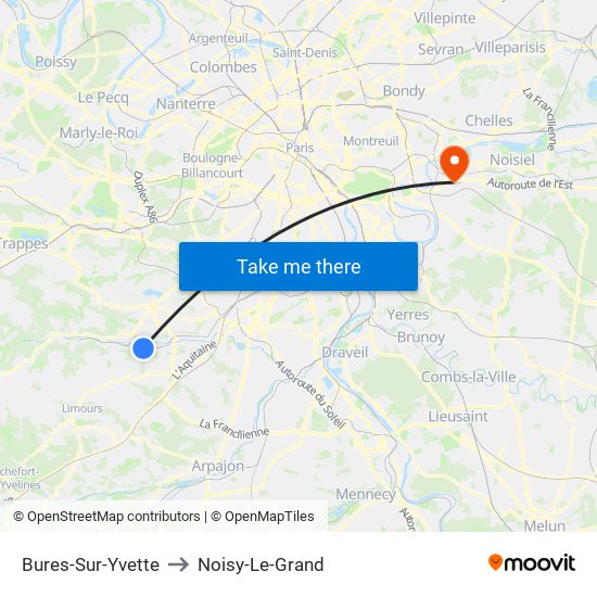 Bures-Sur-Yvette to Noisy-Le-Grand map