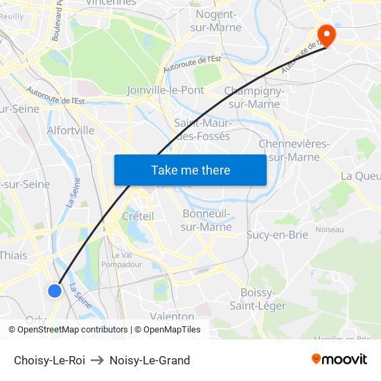 Choisy-Le-Roi to Noisy-Le-Grand map